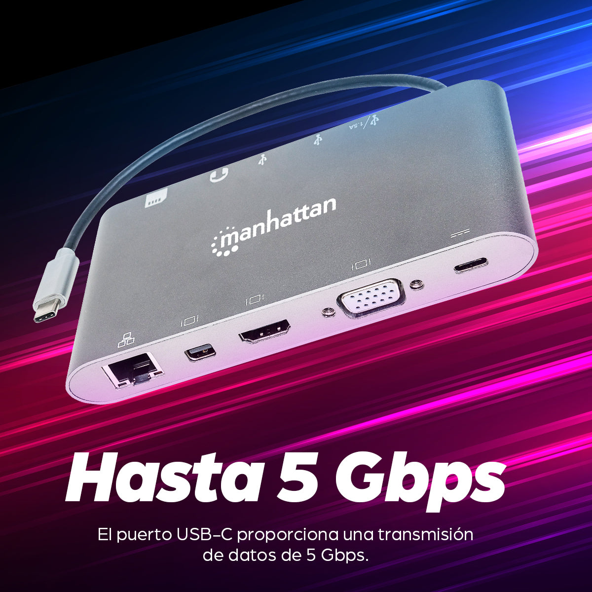 Estación Docking Manhattan USB-C a HDMI/DPmini/SVGA/RJ45/3.5mm Super Velocidad Color Gris