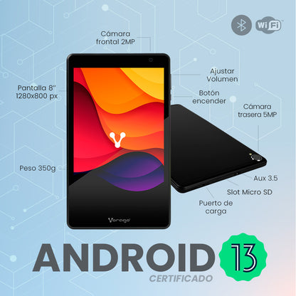 Tableta Vorago 8" PAD-8-KIDS Quadcore 64GB Ram 4GB 2MP/5MP Android 13 Funda Roja