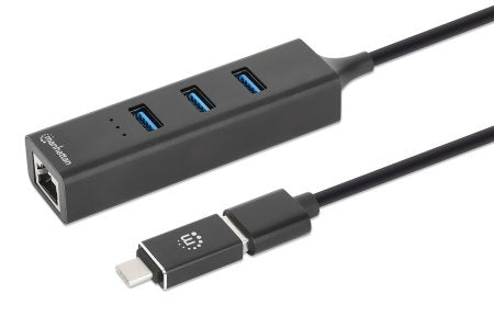Adaptador de Red Manhattan USB A/C con Hub V3 Color Negro