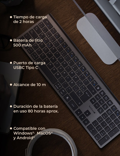 Teclado TechZone Hefestos Recargable Multipunto Bluetooth 10m de Alcance Color Plata