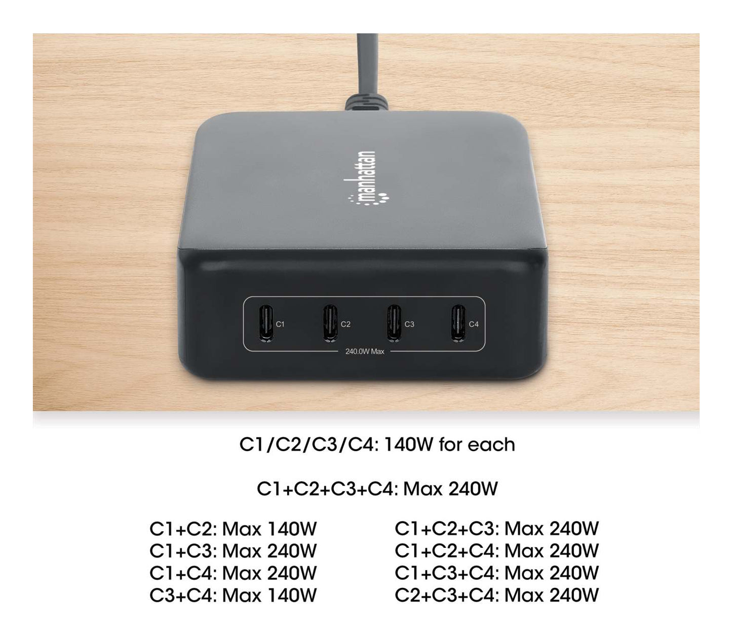 Estación de carga USB-C Manhattan 4 puertos USB-C PD 240W