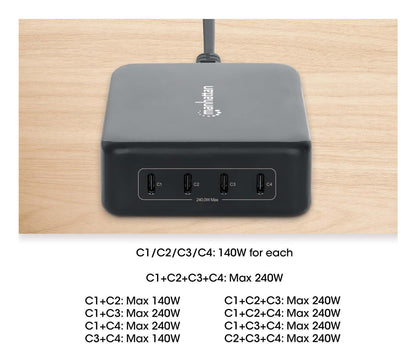 Estación de carga USB-C Manhattan 4 puertos USB-C PD 240W