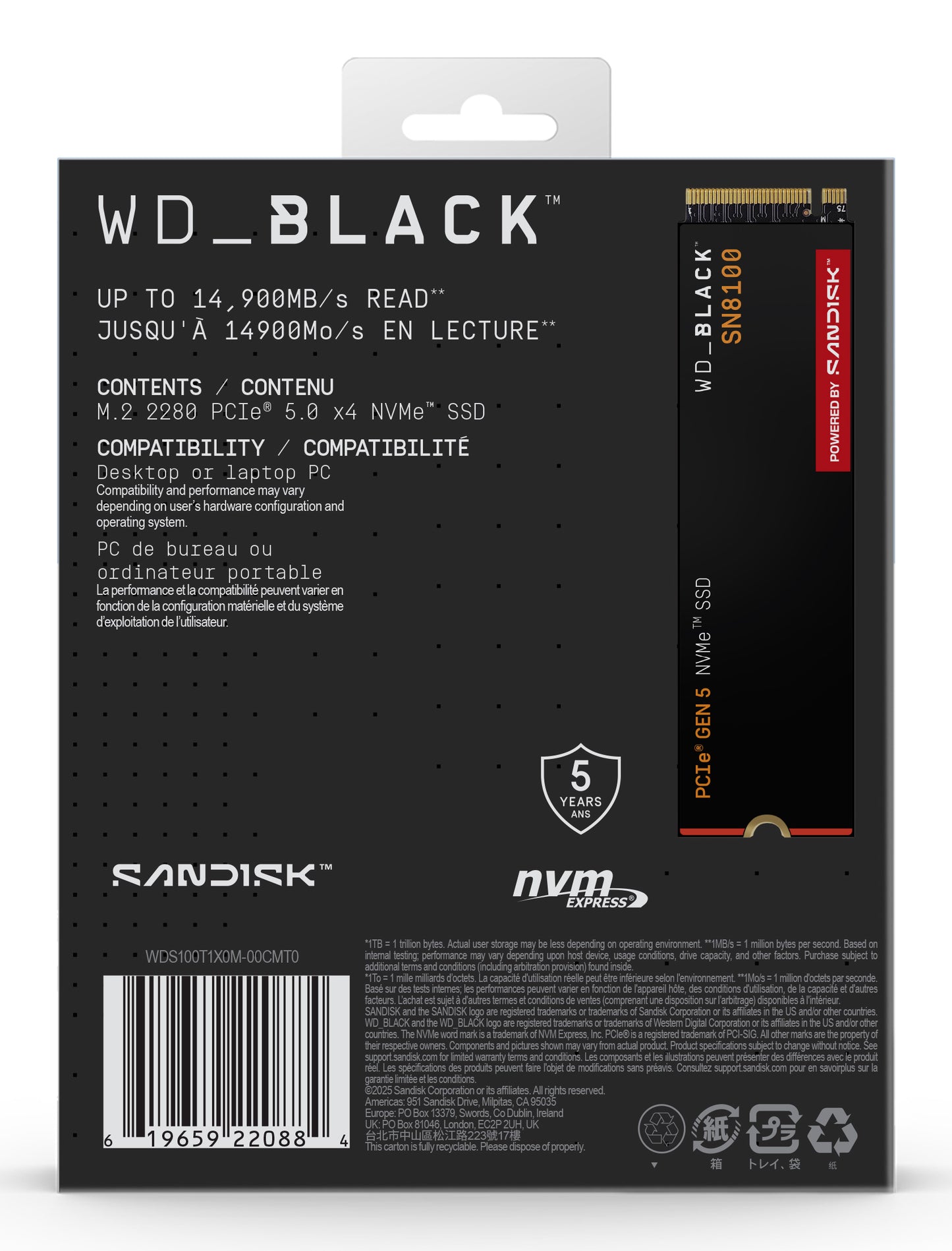 SSD interno Western Digital de 1TB Black SN8100 NVMe M.2 Gen5 - Lectura/Eescritura/ Sin Disipador Térmico