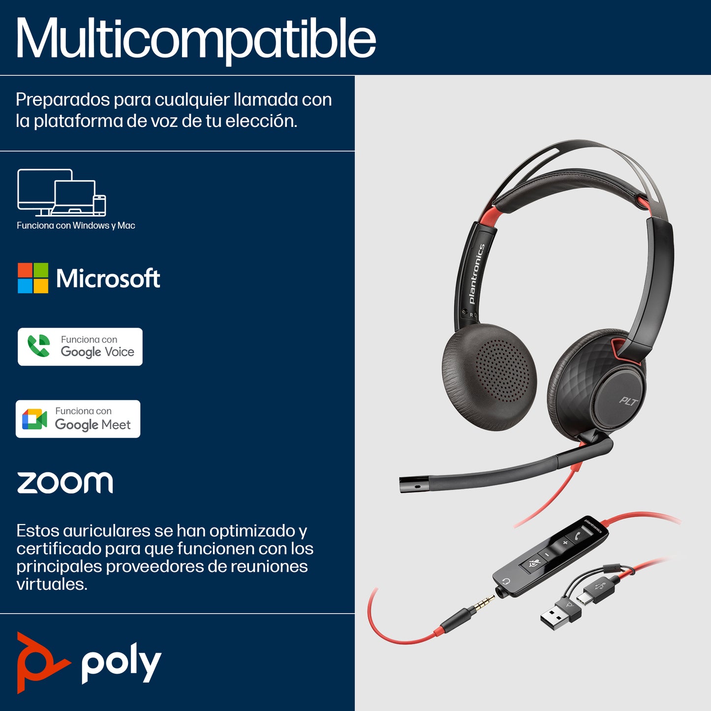 POLY Auriculares estéreo Blackwire 5220 + conector de 3.5 mm + adaptador USB-C/A