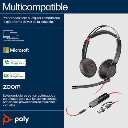 POLY Auriculares estéreo Blackwire 5220 + conector de 3.5 mm + adaptador USB-C/A