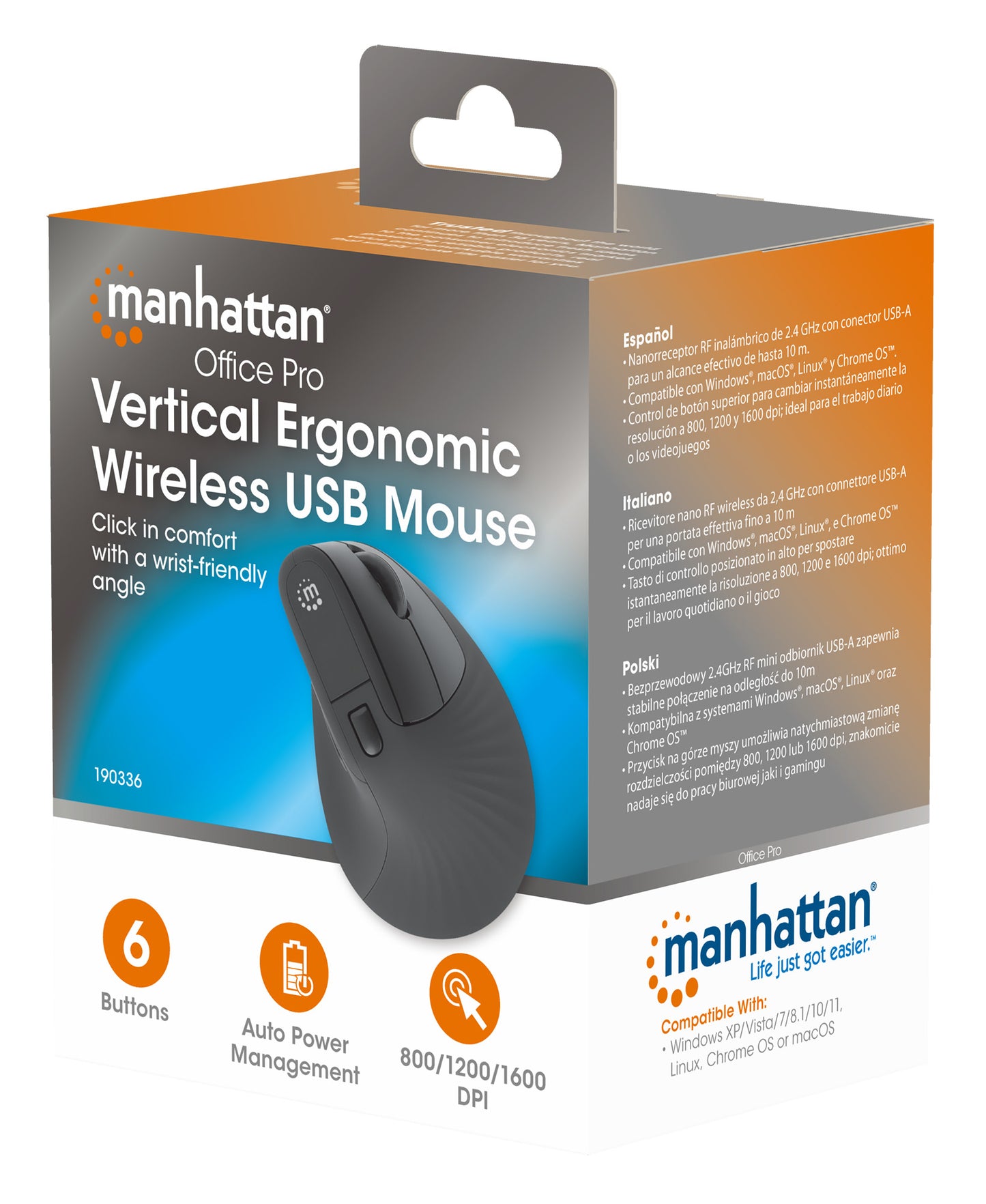 Manhattan 190336 ratón Oficina Diestro RF inalámbrico Óptico 1600 DPI