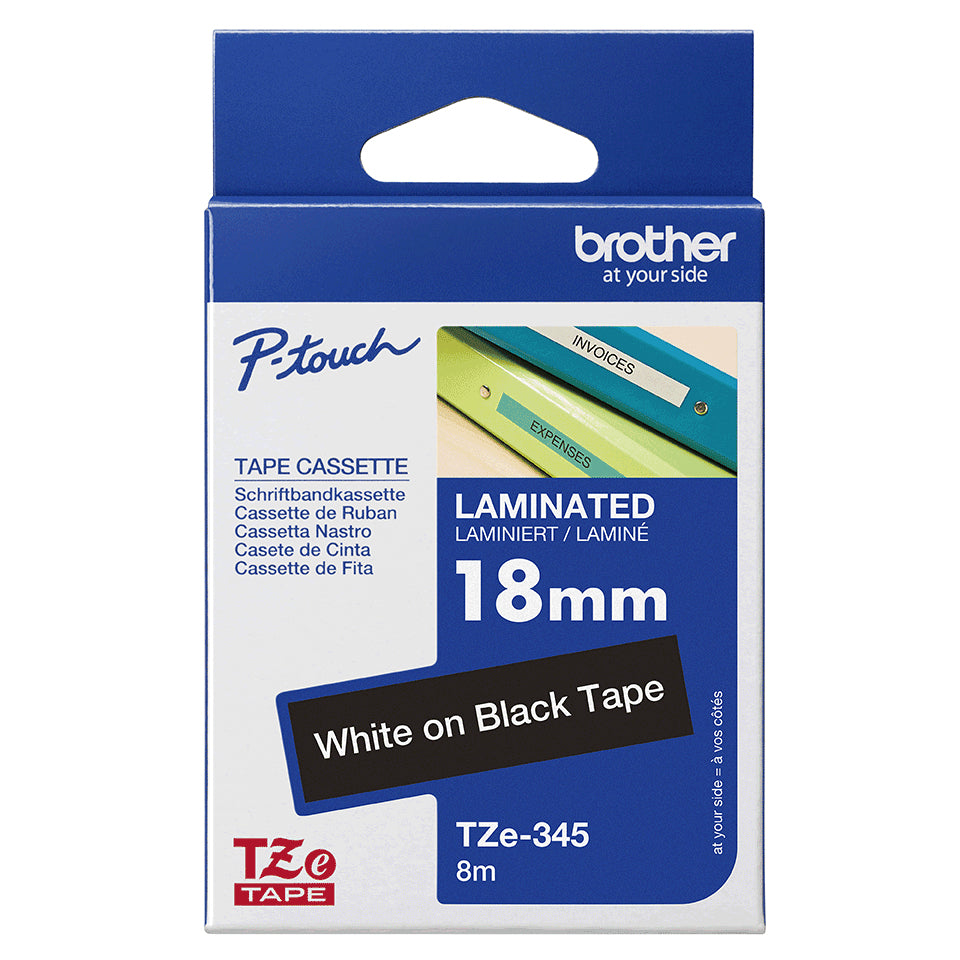 Cinta Brother TZE345 Laminada Texto Blanco Sobre Fondo Negro 18mmx8m