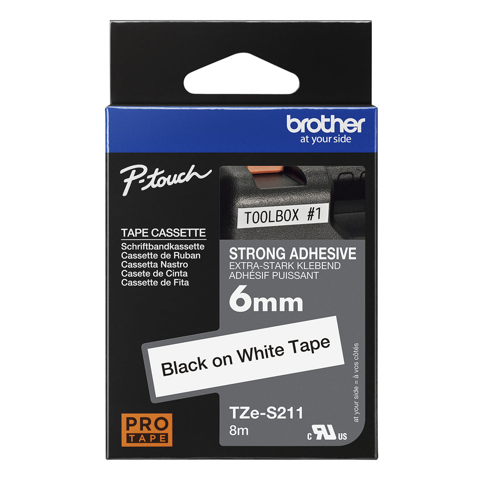 Cinta Brother TZeS211 Laminada Súper Adhesiva Texto Negro Fondo Blanco 6mmx8m