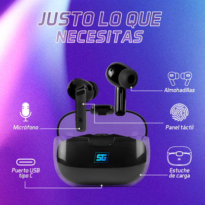 Vorago ESB-301-PRO audífono y auriculare Auriculares True Wireless Stereo (TWS) Intra auditivo Llamadas/Música/Deportes/Diario Bluetooth Base de carga Negro, Transparente