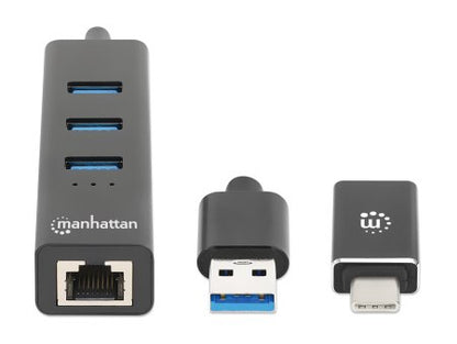 Adaptador de Red Manhattan USB A/C con Hub V3 Color Negro