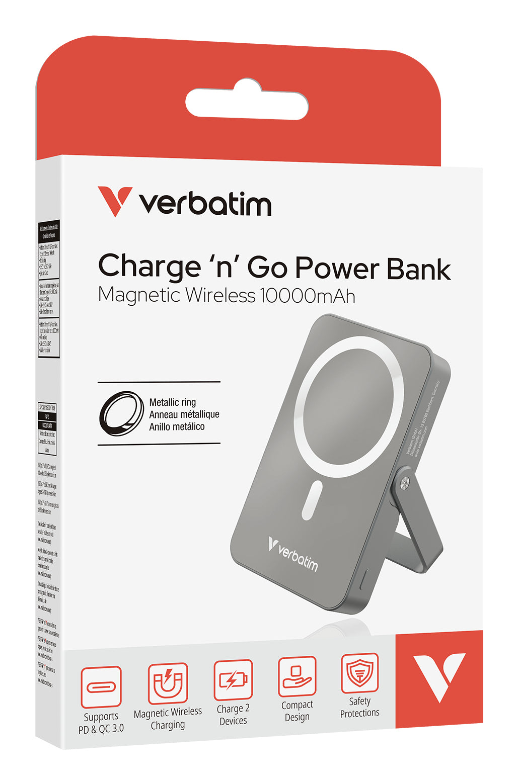 Cargador Magnético Verbatim con carga inalámbrica de vidrio con soporte de 10 000 mah color Gris