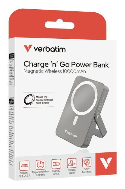 Cargador Magnético Verbatim con carga inalámbrica de vidrio con soporte de 10 000 mah color Gris