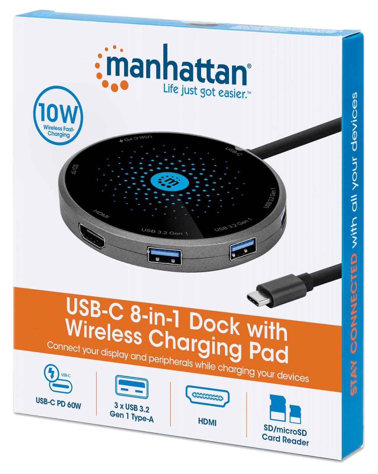 Docking Manhattan USB-C a HDMI USB-C PD 3xUSB-A Lector Tarjetas con Base Carga Inalámbrica