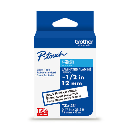 Cinta Laminada Brother Estandar Texto negro sobre cinta blanca de 12mm x 8m