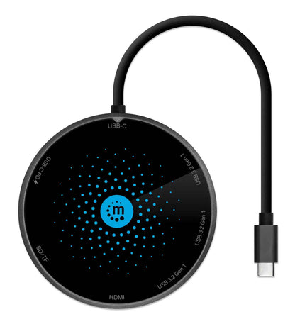 Docking Manhattan USB-C a HDMI USB-C PD 3xUSB-A Lector Tarjetas con Base Carga Inalámbrica