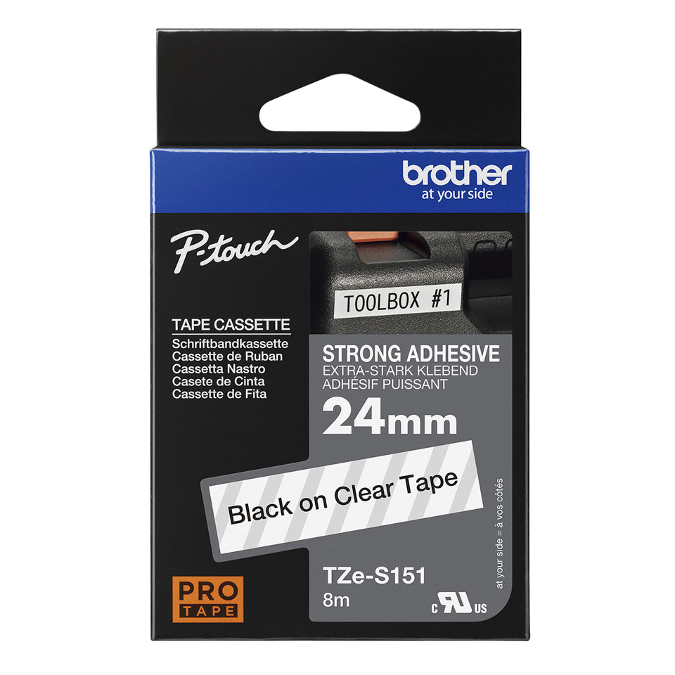 Cinta Brother TZe-S151 Laminada Súper Adhesiva Texto Negro Fondo Transparente 24mmx8m