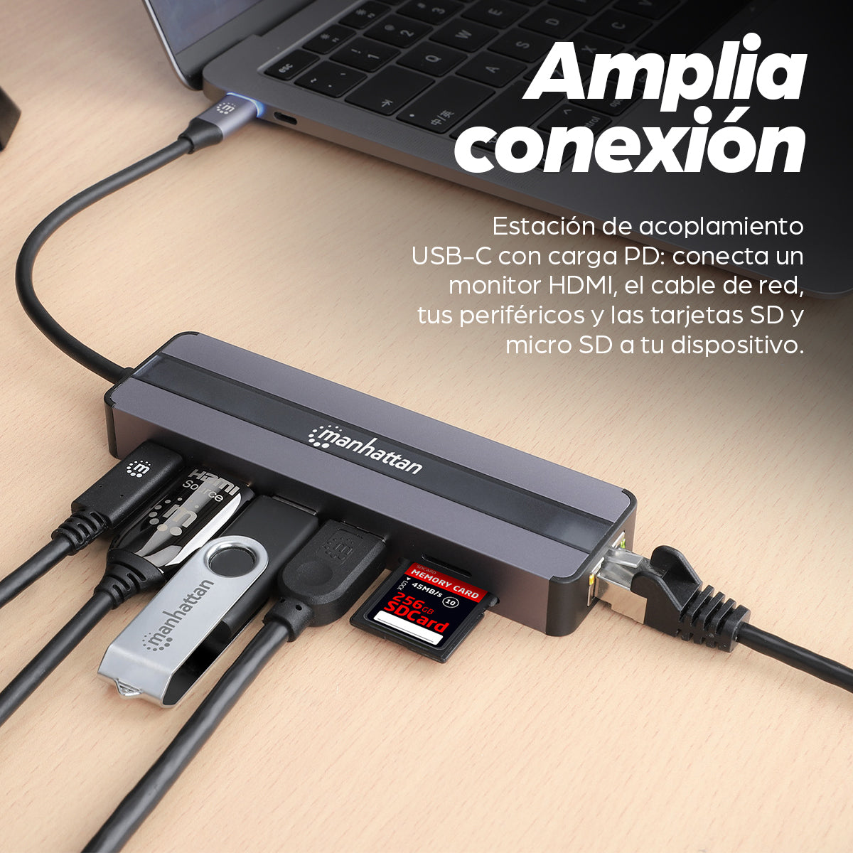 Manhattan 153928 base para laptop o replicador de puertos Alámbrico USB 3.2 Gen 1 (3.1 Gen 1) Type-C Negro, Plata