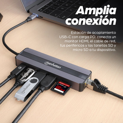 Manhattan 153928 base para laptop o replicador de puertos Alámbrico USB 3.2 Gen 1 (3.1 Gen 1) Type-C Negro, Plata