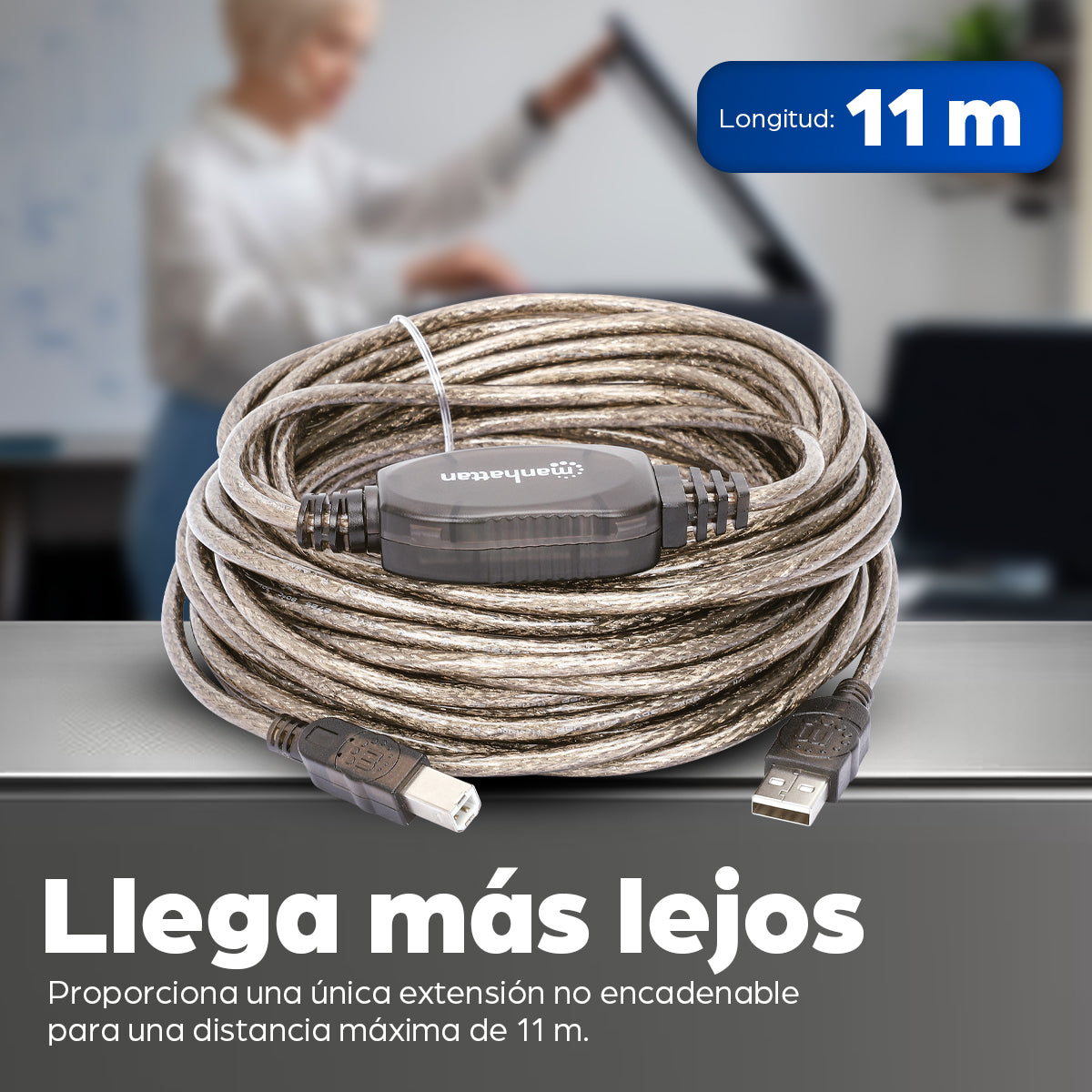 Cable Manhattan Extensión Activa USB Alta Velocidad A-B 11m Color Plata
