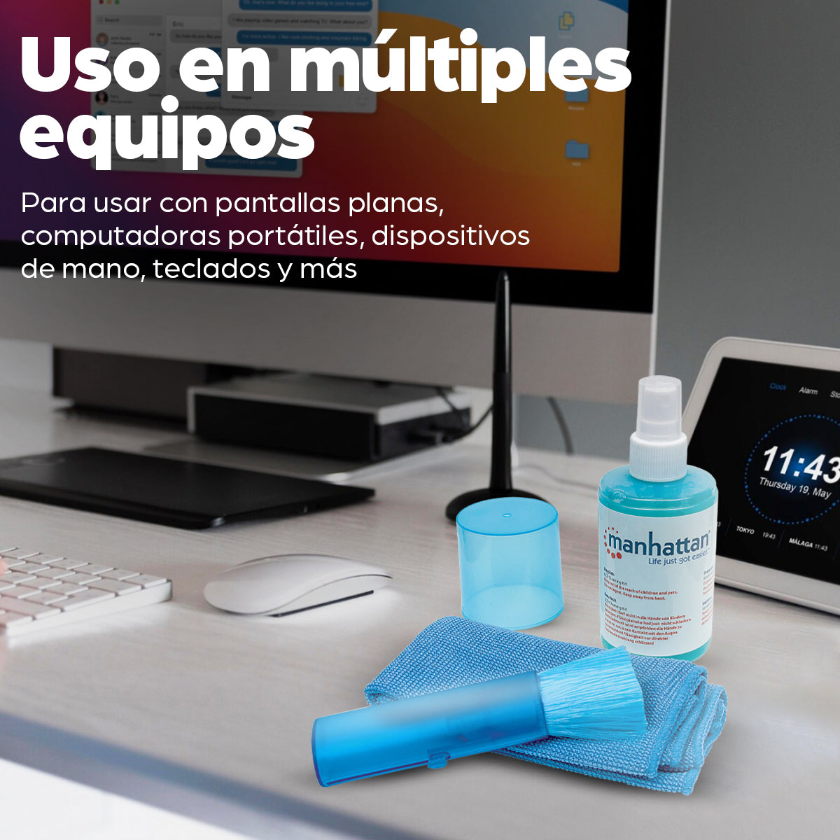 Manhattan 421027 kit de limpieza para equipos LCD/TFT/Plasma Líquido y paños secos/húmedos para limpieza de equipos 200 ml