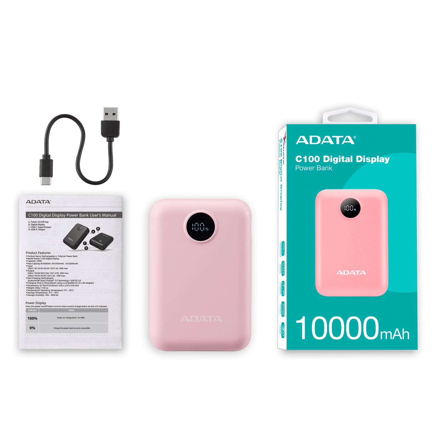 Power Bank Adata 10000mAh Digital PC10022 Rosa