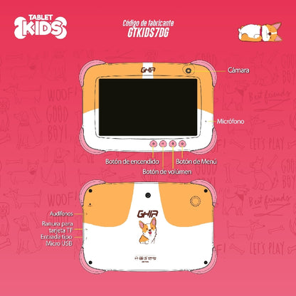 TABLET GHIA 7 KIDS/A50 QUADCORE/1GB RAM/16GB /2CAM/WIFI/BLUETOOTH/2500MAH/ANDROID 9 /PERRITO