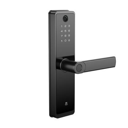 CERRADURA INTELIGENTE CON CáMARA Y TIMBRE, DETECCIóN DE HUELLA DACTILAR, TARJETA RFID, CONECTIVIDAD WIFI, COMBINACIóN NUMéRICA Y LLAVE FíSICA, DE ALEACIóN DE ALUMINIO Y CRISTAL TEMPLADO.