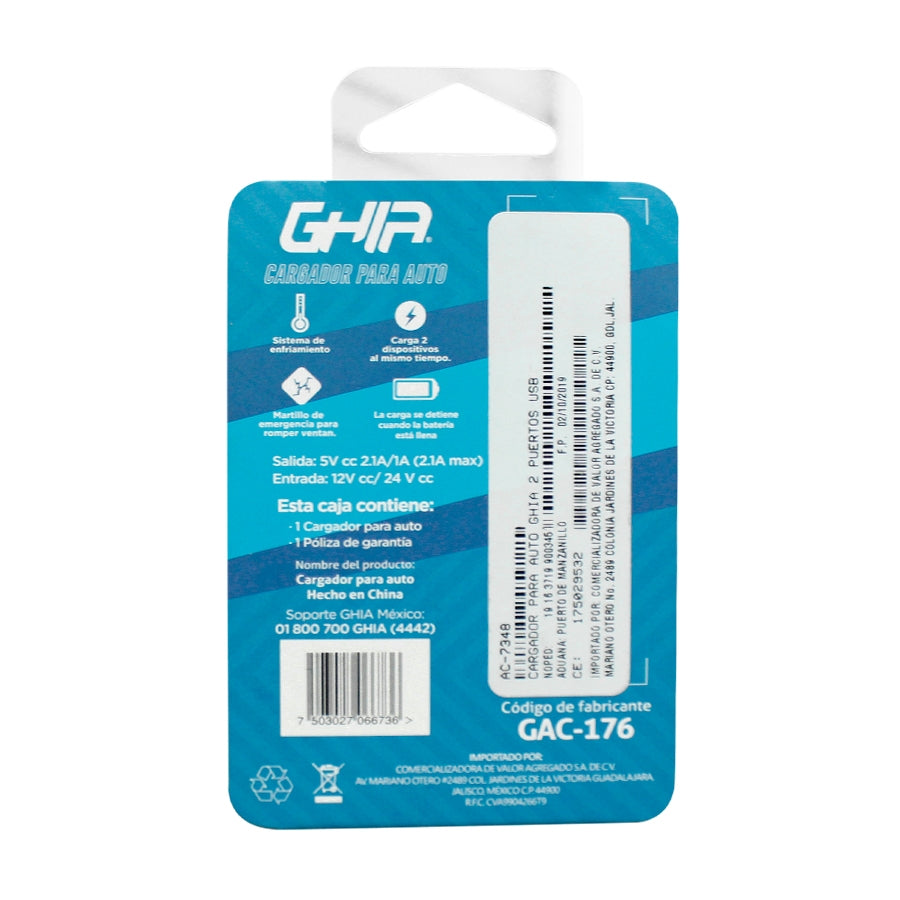 Ghia GAC-176 cargador de dispositivo móvil Universal Negro USB Auto