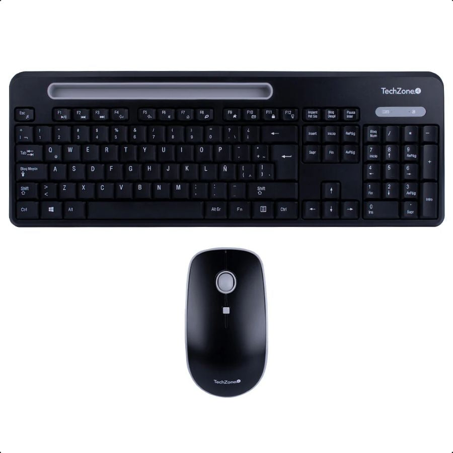 KIT TECLADO Y MOUSE - TECHZONE - TZCOMBINA06 - INALAMBRICO USB A - BATERIAS AA/AAA - RANURA SOPORTE PARA MOVIL 8 PULGADAS