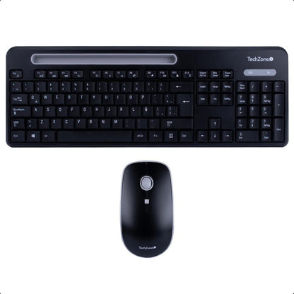 KIT TECLADO Y MOUSE - TECHZONE - TZCOMBINA06 - INALAMBRICO USB A - BATERIAS AA/AAA - RANURA SOPORTE PARA MOVIL 8 PULGADAS