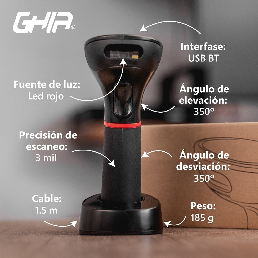 Ghia LECTOR DE CODIGOS DE BARRAS 2D INALAMBRICO // RECEPTOR USB // BLUETOOTH // BASE DE CARGA // COM Lector de código de barras manual CMOS Negro