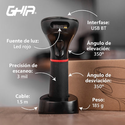 Ghia LECTOR DE CODIGOS DE BARRAS 2D INALAMBRICO // RECEPTOR USB // BLUETOOTH // BASE DE CARGA // COM Lector de código de barras manual CMOS Negro
