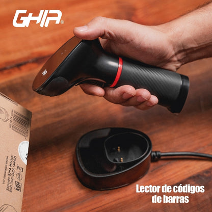 Ghia LECTOR DE CODIGOS DE BARRAS 2D INALAMBRICO // RECEPTOR USB // BLUETOOTH // BASE DE CARGA // COM Lector de código de barras manual CMOS Negro