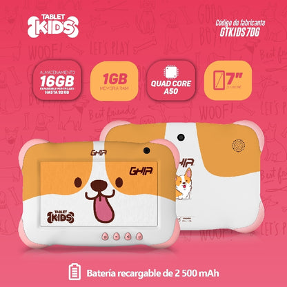 TABLET GHIA 7 KIDS/A50 QUADCORE/1GB RAM/16GB /2CAM/WIFI/BLUETOOTH/2500MAH/ANDROID 9 /PERRITO