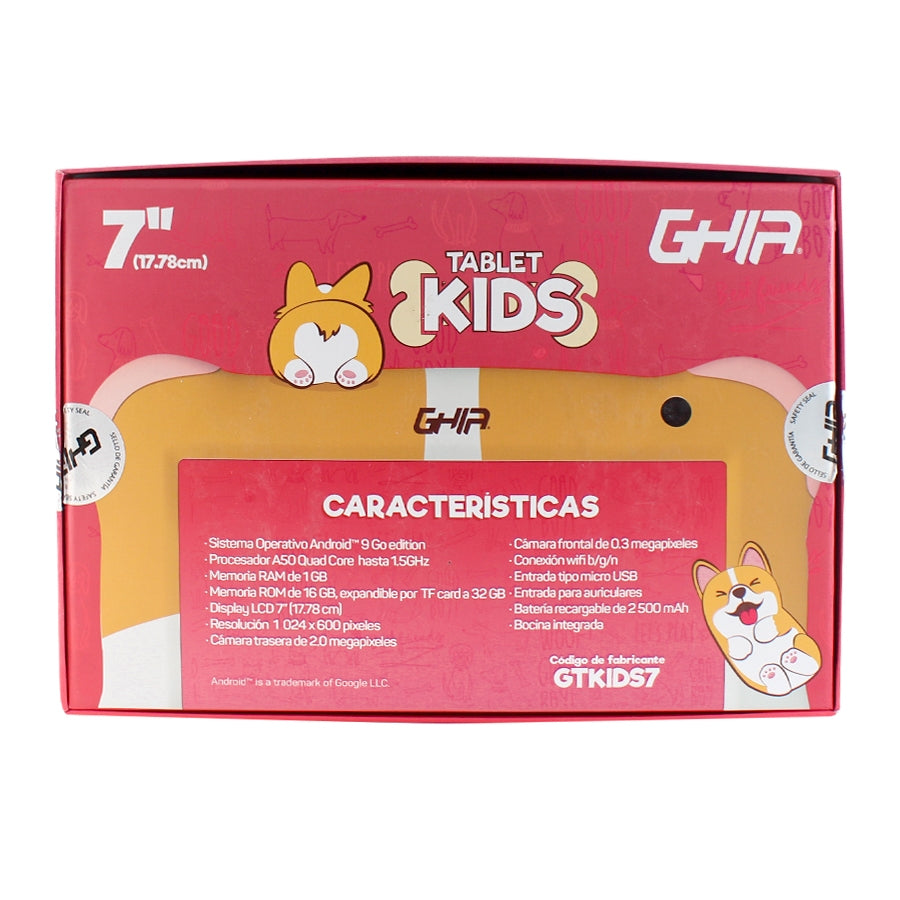 TABLET GHIA 7 KIDS/A50 QUADCORE/1GB RAM/16GB /2CAM/WIFI/BLUETOOTH/2500MAH/ANDROID 9 /PERRITO