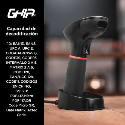 Ghia LECTOR DE CODIGOS DE BARRAS 2D INALAMBRICO // RECEPTOR USB // BLUETOOTH // BASE DE CARGA // COM Lector de código de barras manual CMOS Negro