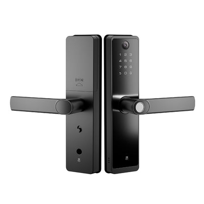 CERRADURA INTELIGENTE CON CáMARA Y TIMBRE, DETECCIóN DE HUELLA DACTILAR, TARJETA RFID, CONECTIVIDAD WIFI, COMBINACIóN NUMéRICA Y LLAVE FíSICA, DE ALEACIóN DE ALUMINIO Y CRISTAL TEMPLADO.