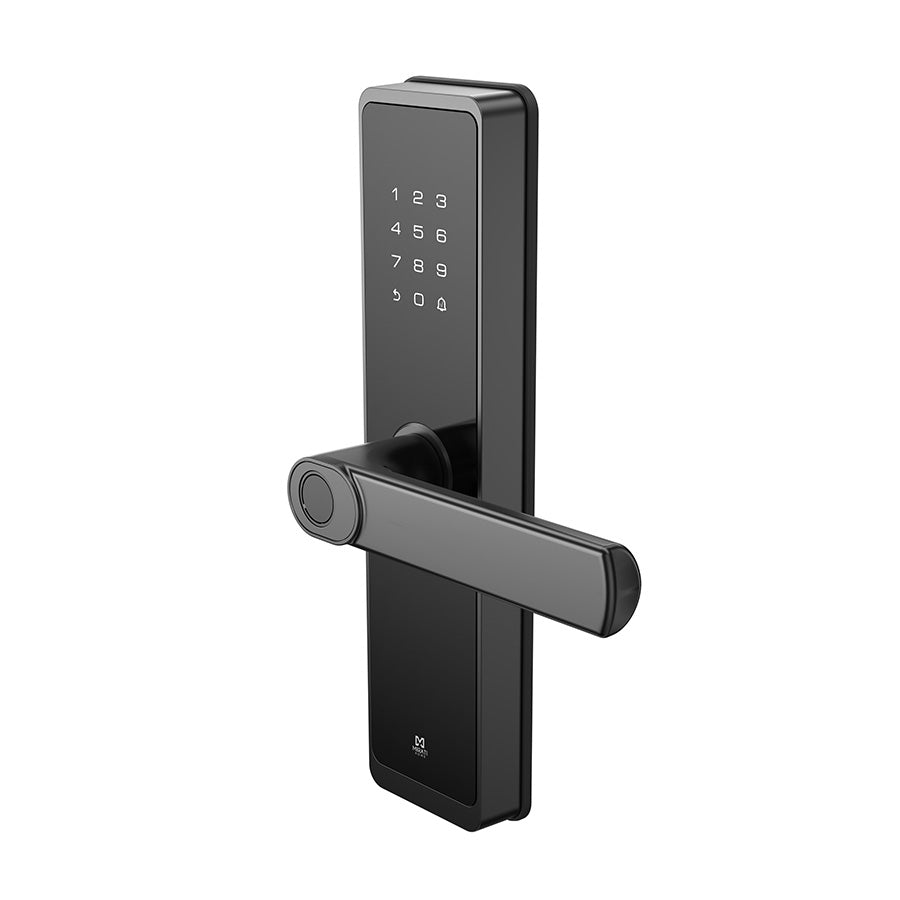 CERRADURA INTELIGENTE CON DETECCIóN DE HUELLA DACTILAR, TARJETA RFID, CONECTIVIDAD WIFI, COMBINACIóN NUMéRICA Y LLAVE FíSICA, DE ALEACIóN DE ALUMINIO Y CRISTAL TEMPLADO.