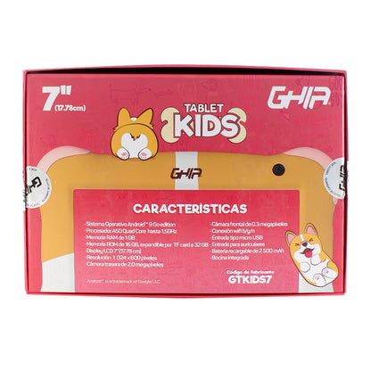 TABLET GHIA 7 KIDS/A50 QUADCORE/1GB RAM/16GB /2CAM/WIFI/BLUETOOTH/2500MAH/ANDROID 9 /PERRITO