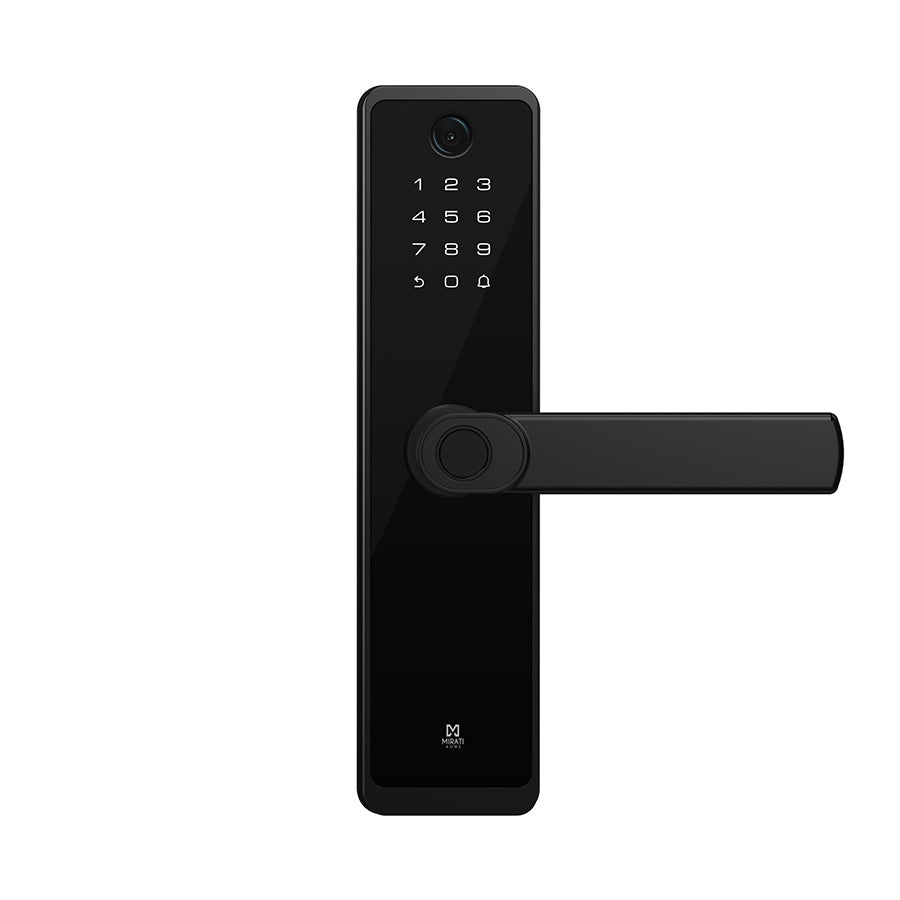 CERRADURA INTELIGENTE CON CáMARA Y TIMBRE, DETECCIóN DE HUELLA DACTILAR, TARJETA RFID, CONECTIVIDAD WIFI, COMBINACIóN NUMéRICA Y LLAVE FíSICA, DE ALEACIóN DE ALUMINIO Y CRISTAL TEMPLADO.