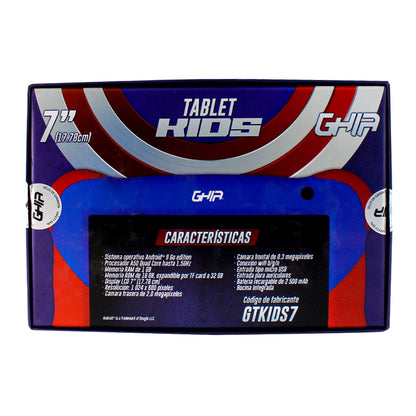 TABLET GHIA 7 KIDS/A50 QUADCORE/1GB RAM/16GB /2CAM/WIFI/BLUETOOTH/2500MAH/ANDROID 9 /AZUL