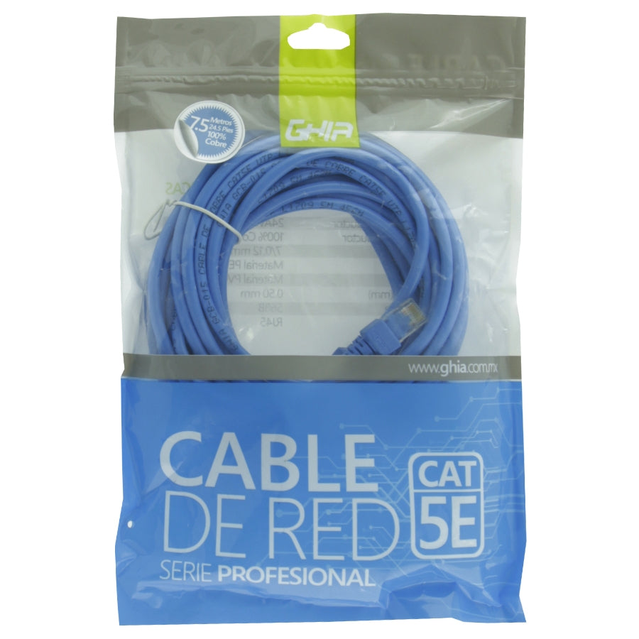 CABLE DE RED UTP CAT5E GHIA 100COBRE AZUL RJ45 7.5M 22.5 PIES PATCH CORD