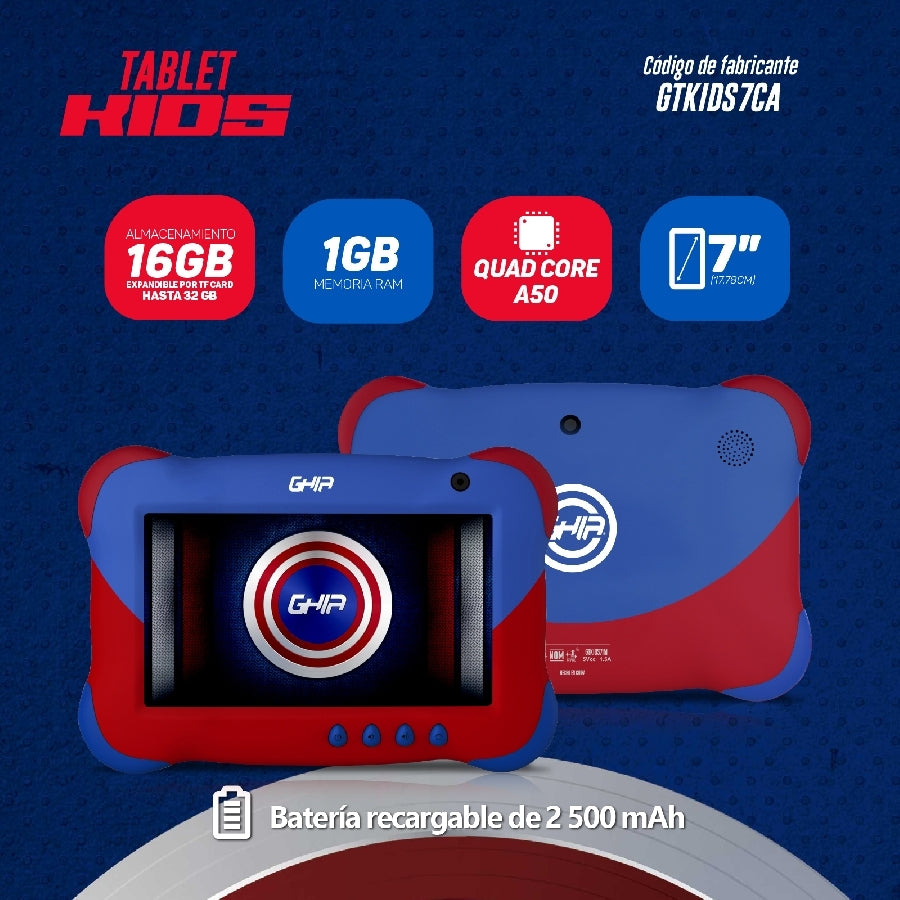 TABLET GHIA 7 KIDS/A50 QUADCORE/1GB RAM/16GB /2CAM/WIFI/BLUETOOTH/2500MAH/ANDROID 9 /AZUL