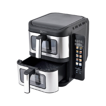 FREIDORA DE AIRE DOBLE MIRATI DE 11 LITROS TOTALES CUENTA CON 2 CANASTAS DE 5.5L CADA UNA CON VENTANA, PANEL A COLOR Y RETRACTIL REGULACION DE TEMPERATURA INDIVIDUAL, 1800W, TEMPERATURA DE 60C-200C